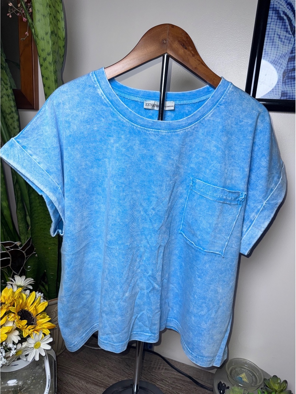 Zenana Acid Wash Cropped Tee with Pocket and Cuffed Sleeves